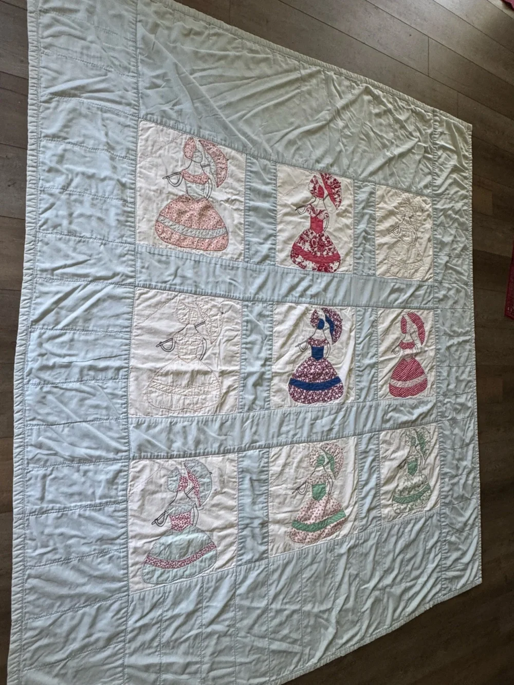 Umbrella Girl Vintage Quilt 88” X 77” Vintage